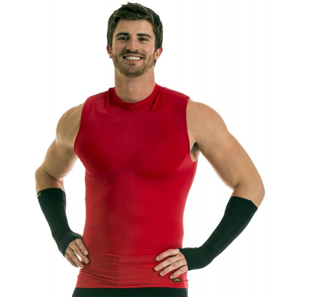 Insta Slim Activewear Basic Compression T-Shirt in black, sleeveless design with mock neck, showcasing its second-skin fit and soft fabric.