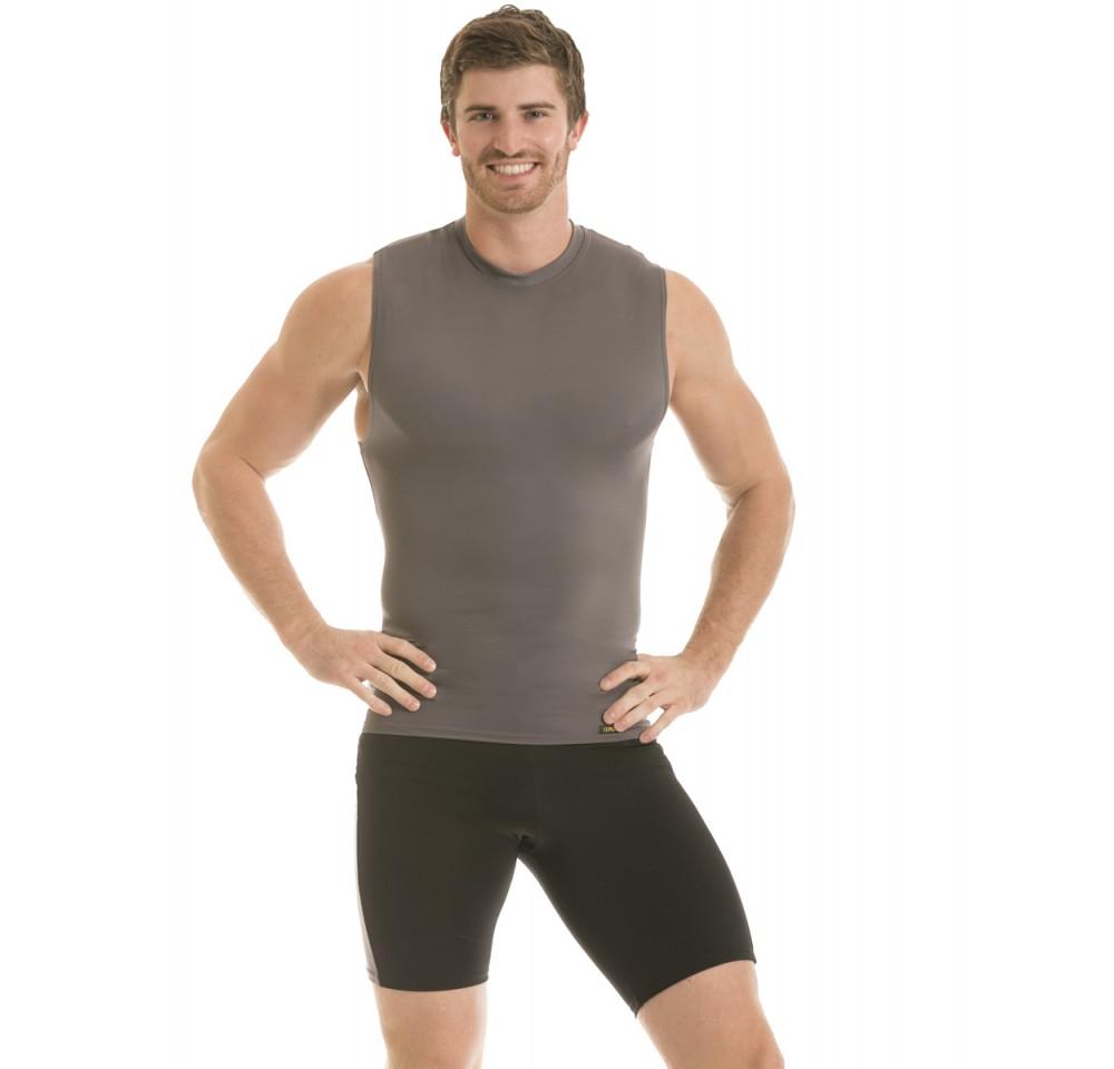 Insta Slim Activewear Basic Compression T-Shirt in black, sleeveless design with mock neck, showcasing its second-skin fit and soft fabric.