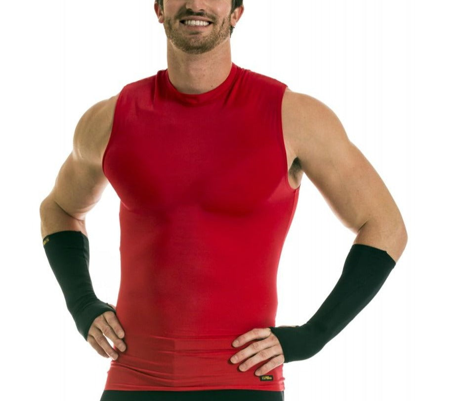 Insta Slim Activewear Basic Compression T-Shirt in black, sleeveless design with mock neck, showcasing its second-skin fit and soft fabric.