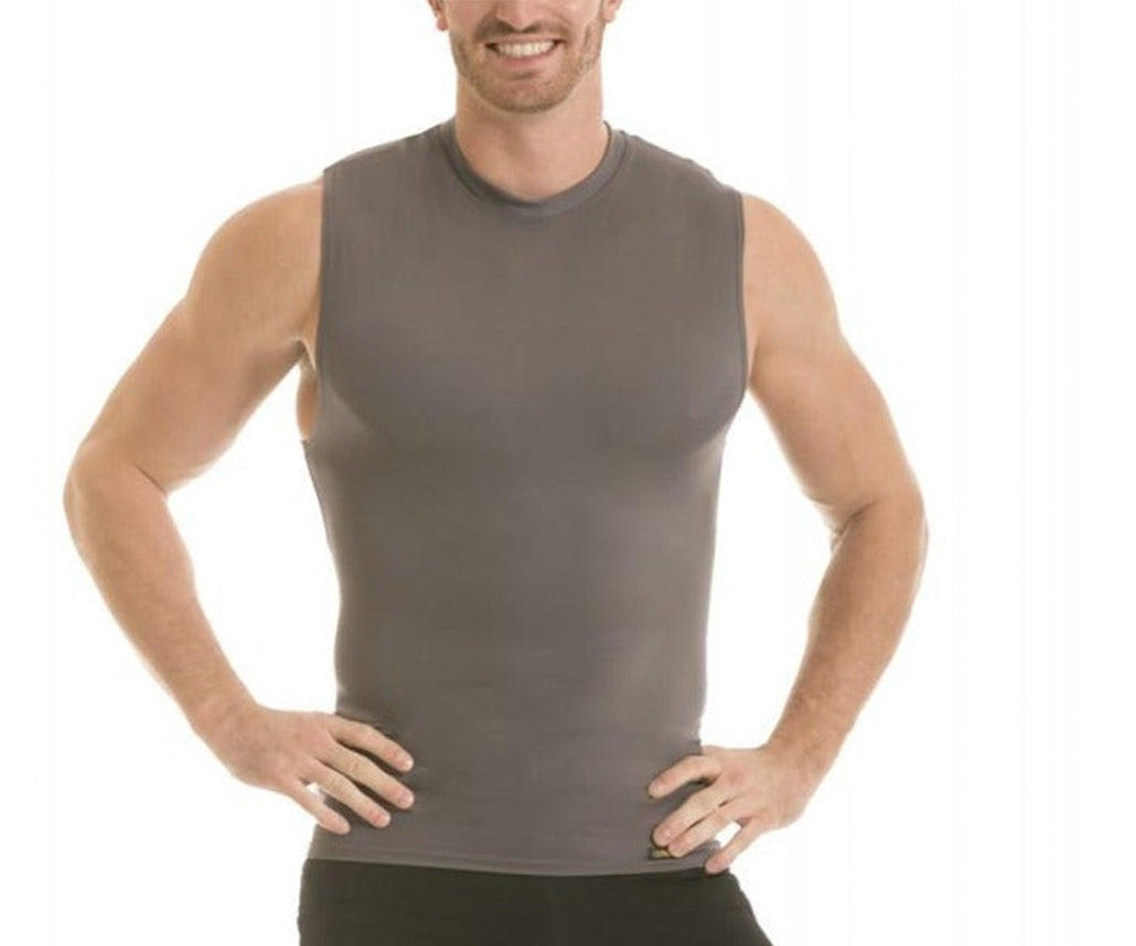 Insta Slim Activewear Basic Compression T-Shirt in black, sleeveless design with mock neck, showcasing its second-skin fit and soft fabric.