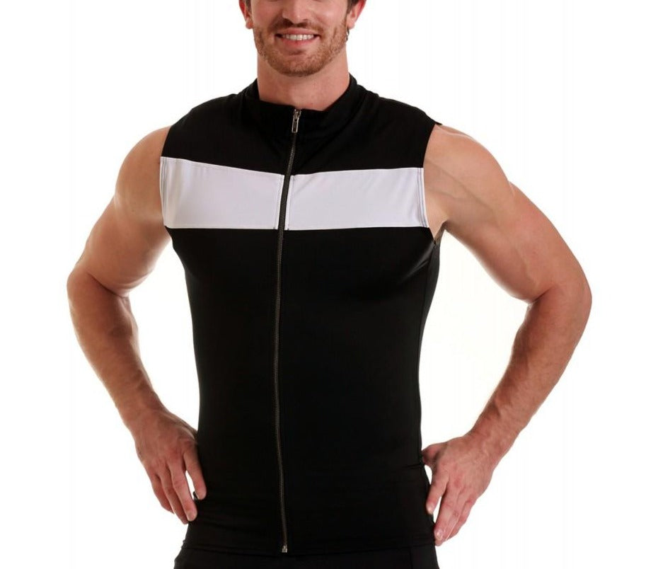 Insta Slim Compression Activewear Color Block Zip Up Vest MA0012 showcasing a stylish sleeveless design with a full-length zip and contrasting color blocks.