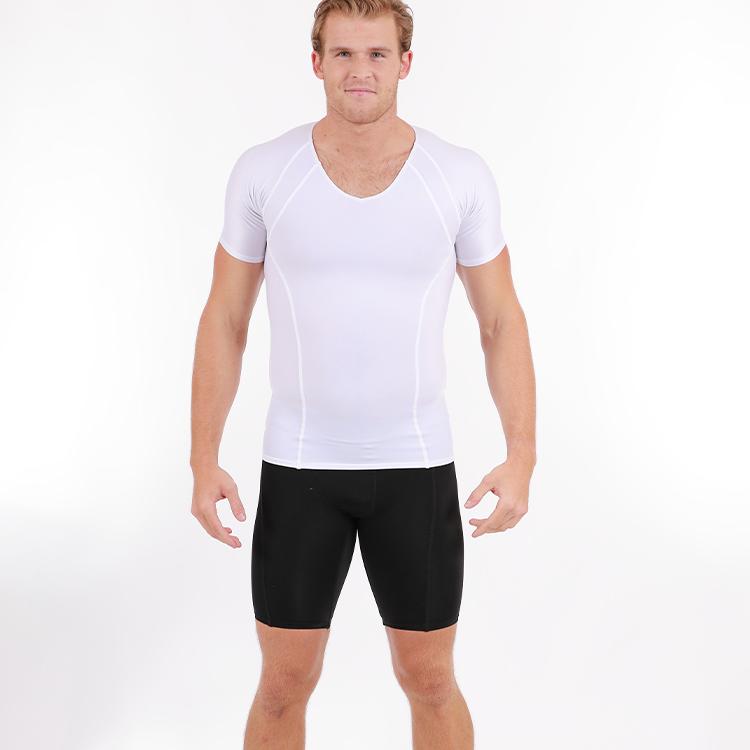 Insta Slim Compression Shorts for men with targeted support panels, featuring a stretch elastic waistband and flatlock seams for comfort and durability.