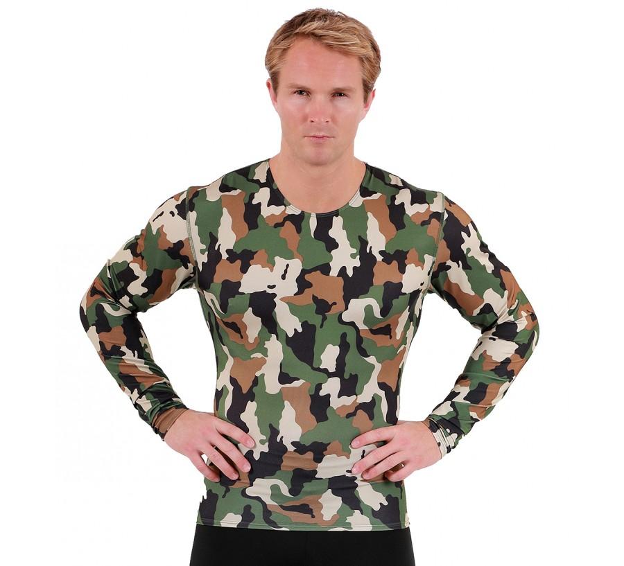 Insta Slim I.S.Pro USA Camo Activewear Long Sleeve Crew Neck in camouflage design, showcasing its stylish and functional features for workouts.