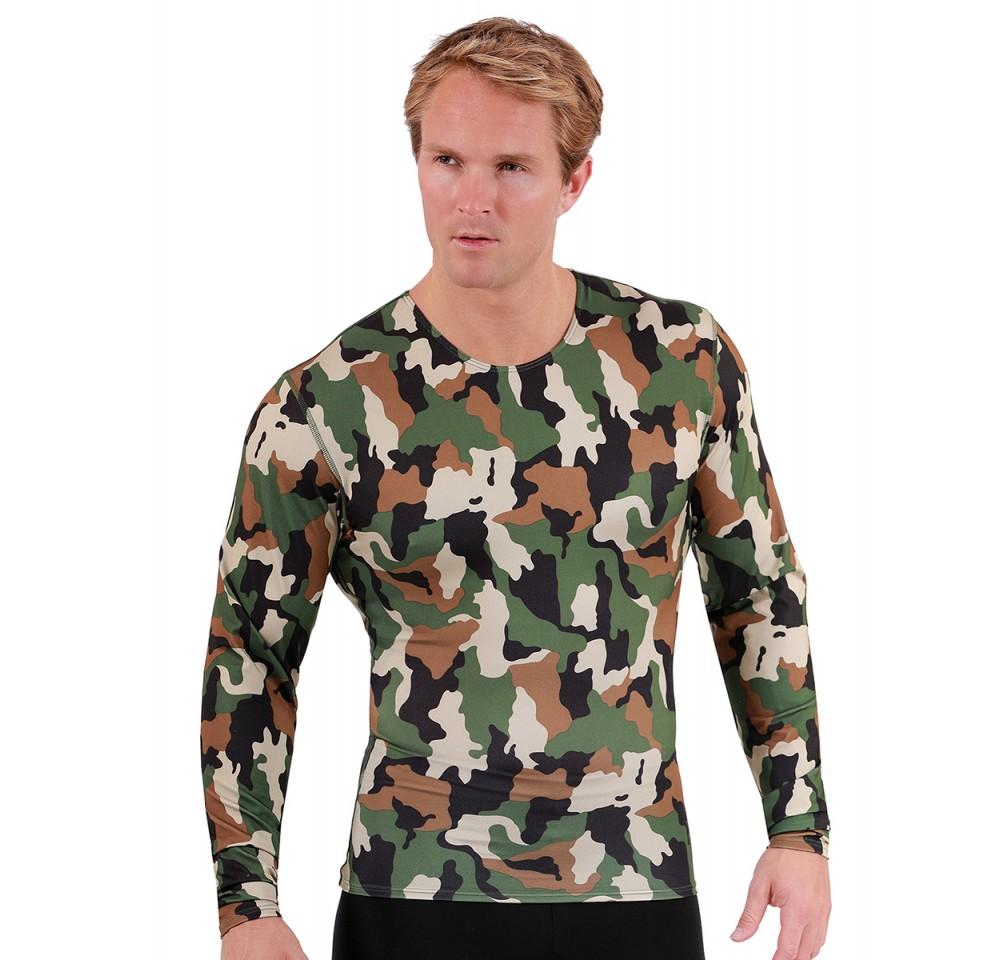 Insta Slim I.S.Pro USA Camo Activewear Long Sleeve Crew Neck in camouflage design, showcasing its stylish and functional features for workouts.