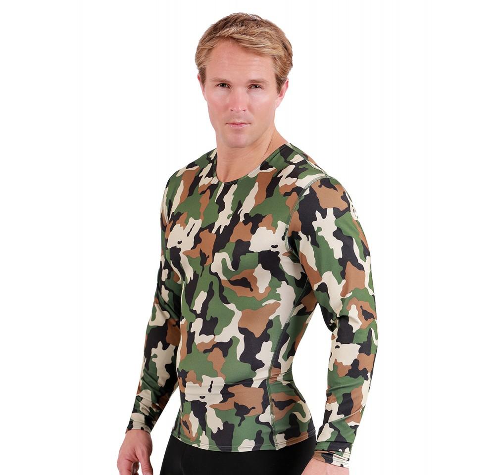 Insta Slim I.S.Pro USA Camo Activewear Long Sleeve Crew Neck in camouflage design, showcasing its stylish and functional features for workouts.