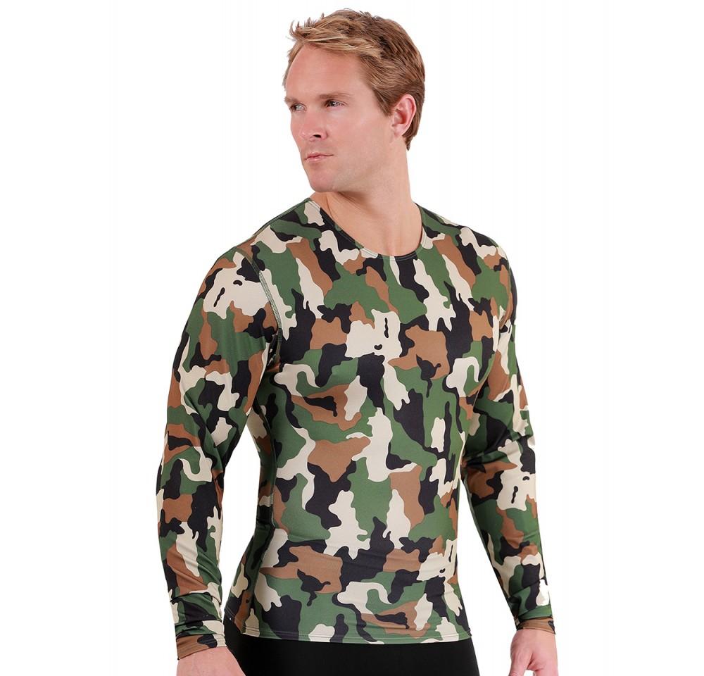 Insta Slim I.S.Pro USA Camo Activewear Long Sleeve Crew Neck in camouflage design, showcasing its stylish and functional features for workouts.