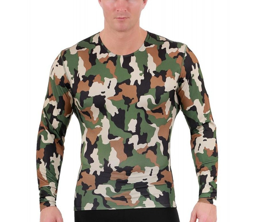 Insta Slim I.S.Pro USA Camo Activewear Long Sleeve Crew Neck in camouflage design, showcasing its stylish and functional features for workouts.