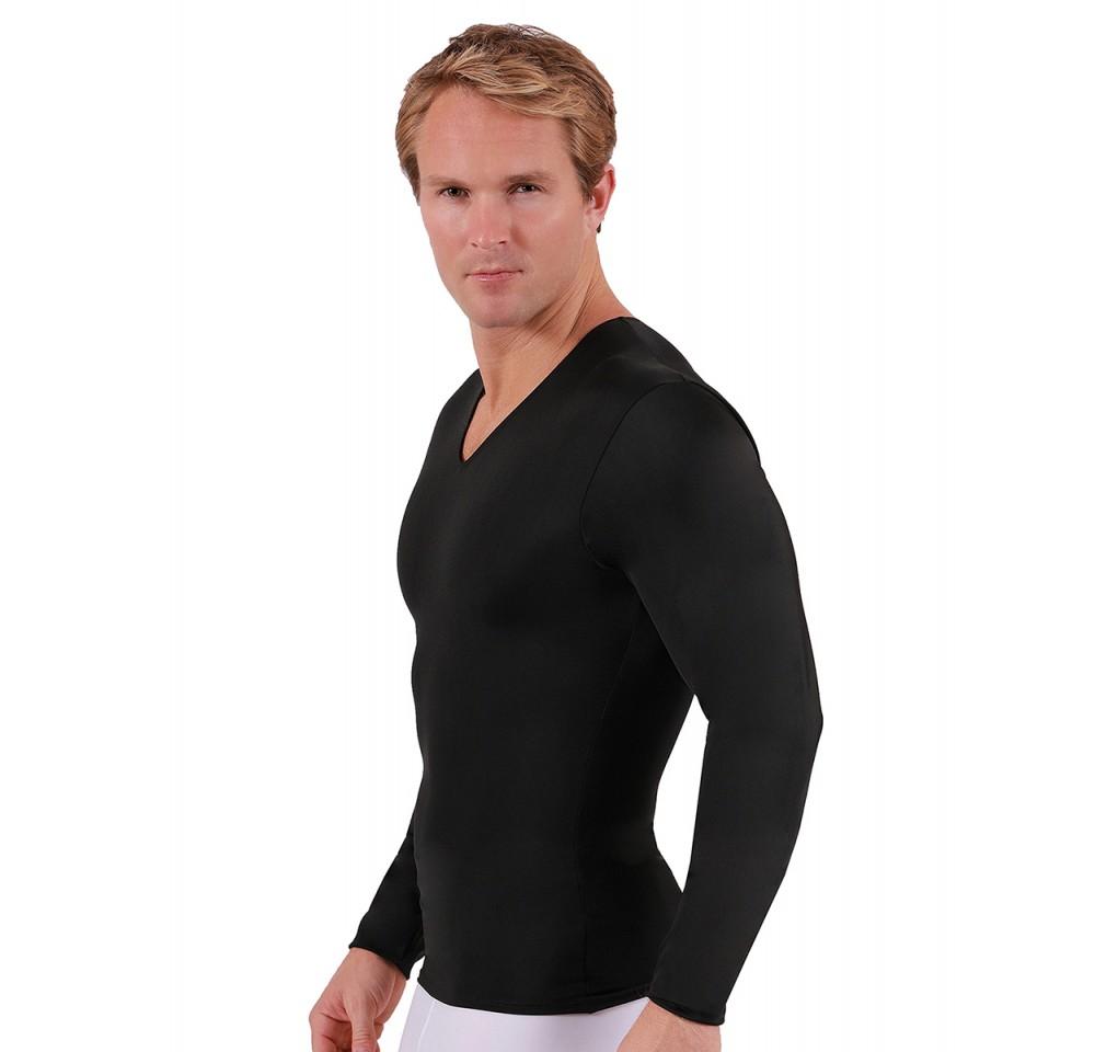 Insta Slim I.S.Pro USA Compression Long Sleeve V-Neck shirt in black, showcasing its stylish V-neck design and medium compression fit.