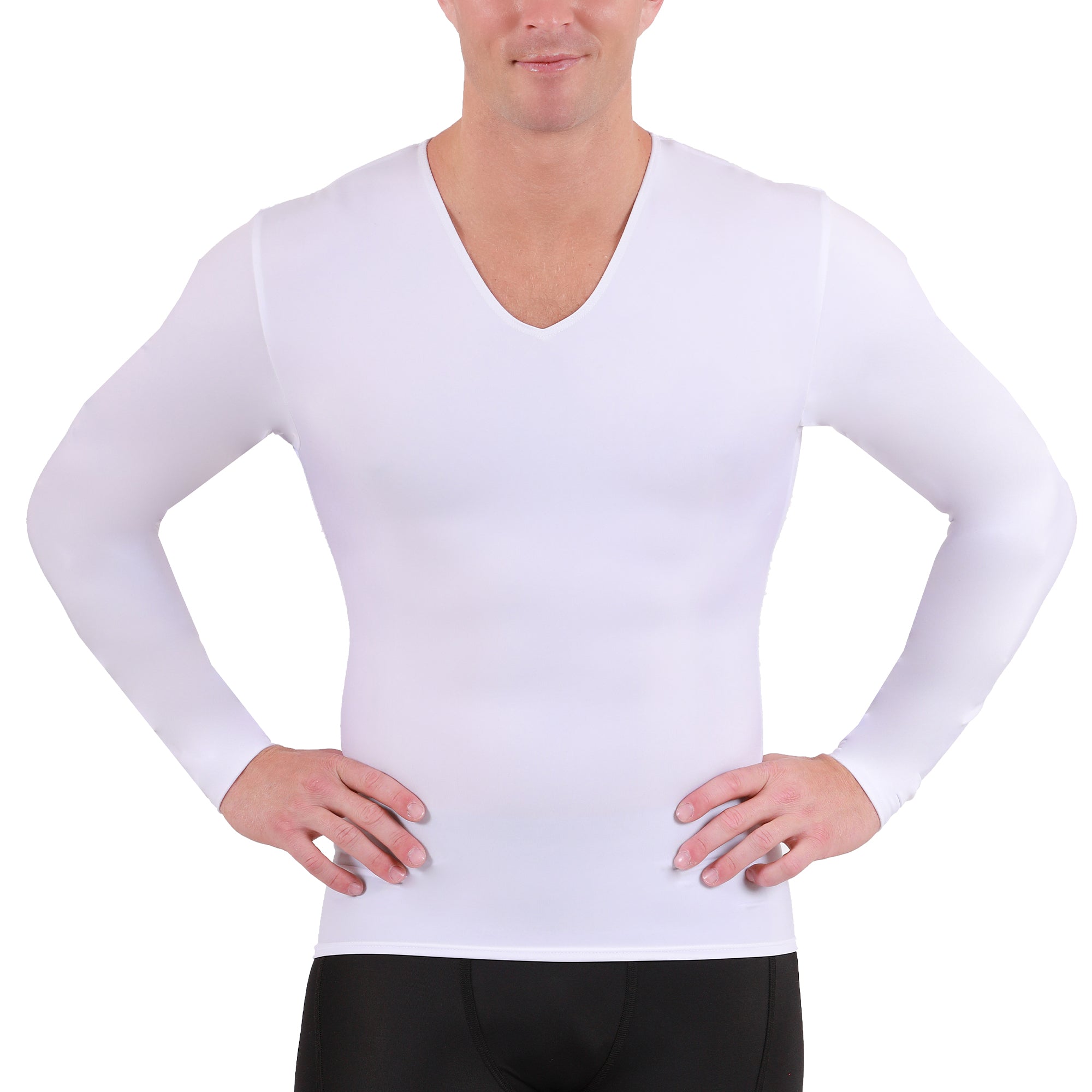 Insta Slim I.S.Pro USA Compression Long Sleeve V-Neck shirt in black, showcasing its stylish V-neck design and medium compression fit.