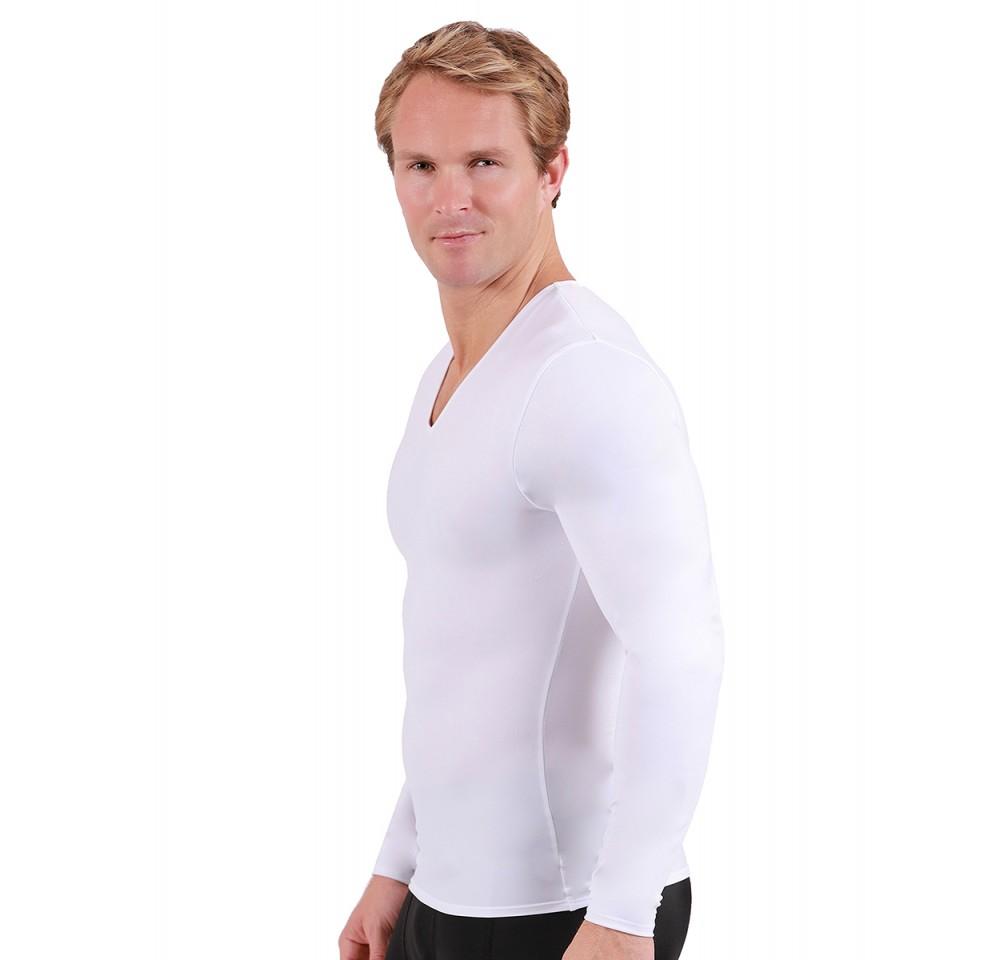Insta Slim I.S.Pro USA Compression Long Sleeve V-Neck shirt in black, showcasing its stylish V-neck design and medium compression fit.