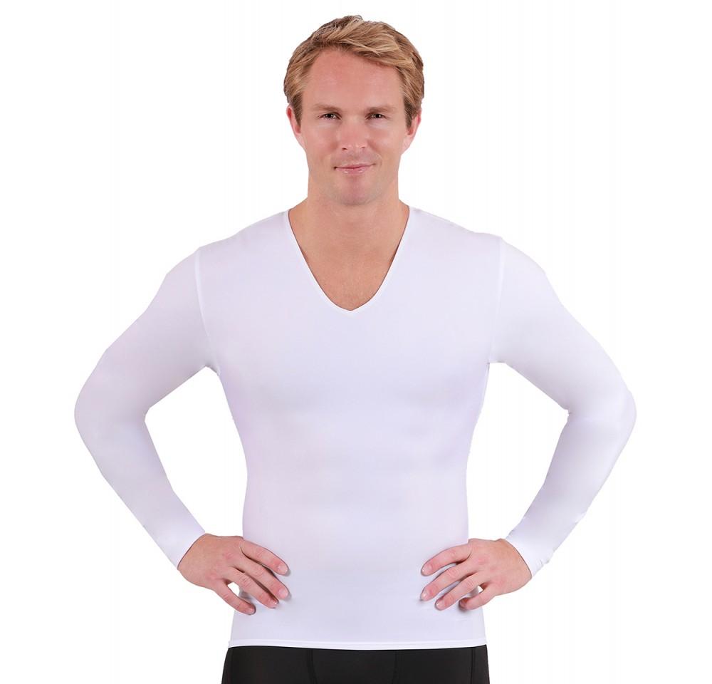 Insta Slim I.S.Pro USA Compression Long Sleeve V-Neck shirt in black, showcasing its stylish V-neck design and medium compression fit.