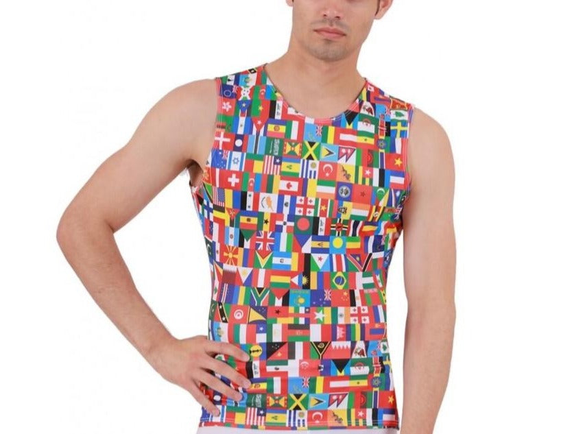 Insta Slim USA Flags Activewear Sleeveless Crew Neck tank top featuring a vibrant International Flag print, designed for optimal muscle support and mobility.