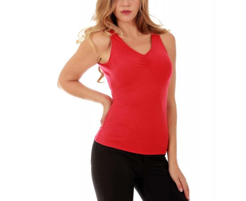 InstantFigure Activewear Compression Hi-Back Shirred Tank Top in vibrant colors, showcasing its stylish design and compression features.