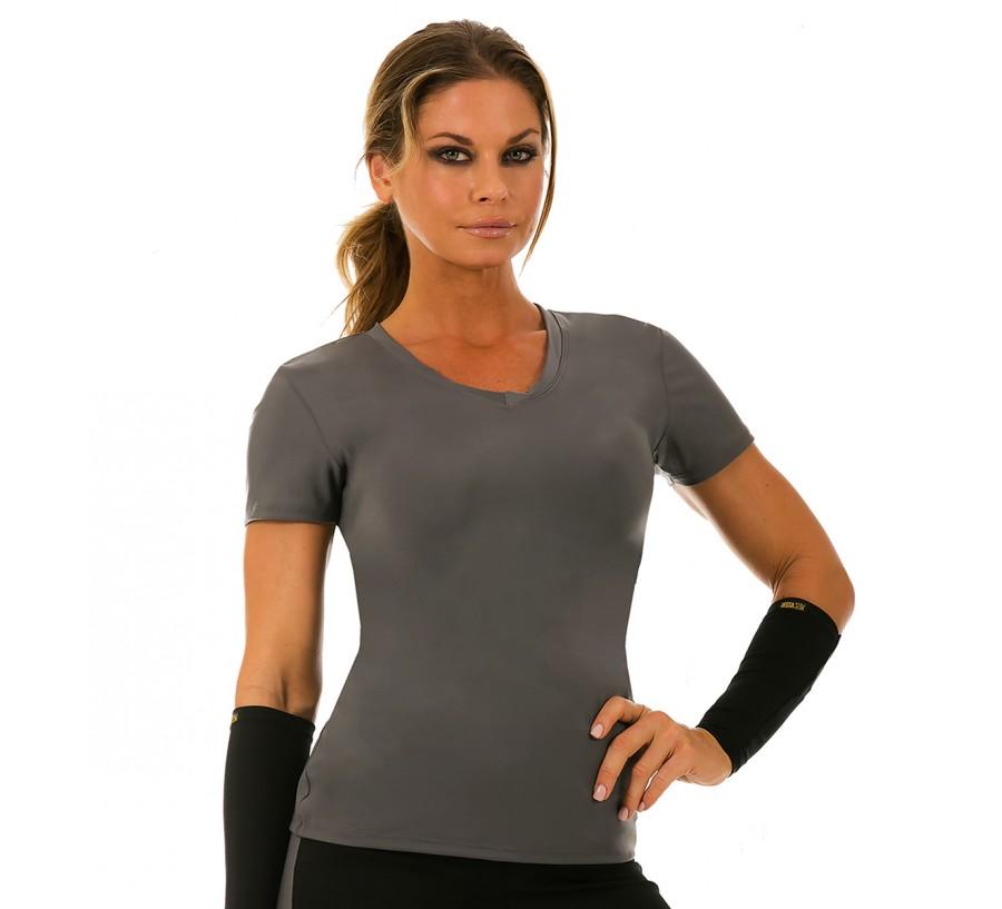 InstantFigure Activewear Compression Short Sleeve V-Neck Top in black, grey, and fuchsia, showcasing its stylish design and compression fabric.