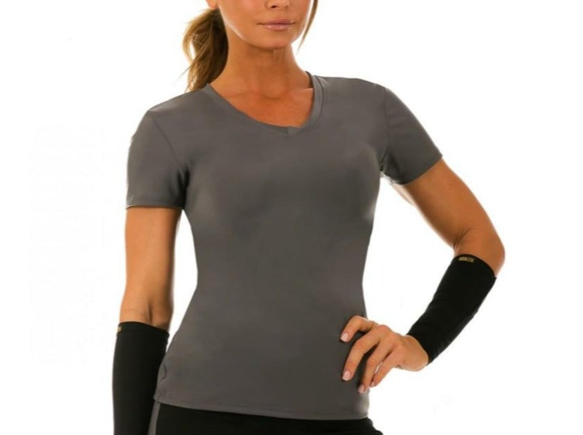 InstantFigure Activewear Compression Short Sleeve V-Neck Top in black, grey, and fuchsia, showcasing its stylish design and compression fabric.