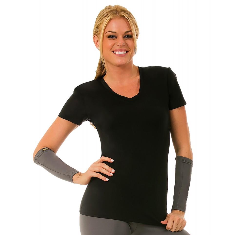 InstantFigure Activewear Compression Short Sleeve V-Neck Top in black, grey, and fuchsia, showcasing its stylish design and compression fabric.