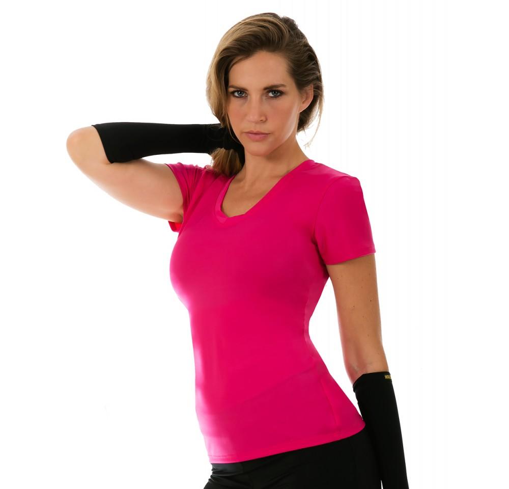 InstantFigure Activewear Compression Short Sleeve V-Neck Top in black, grey, and fuchsia, showcasing its stylish design and compression fabric.