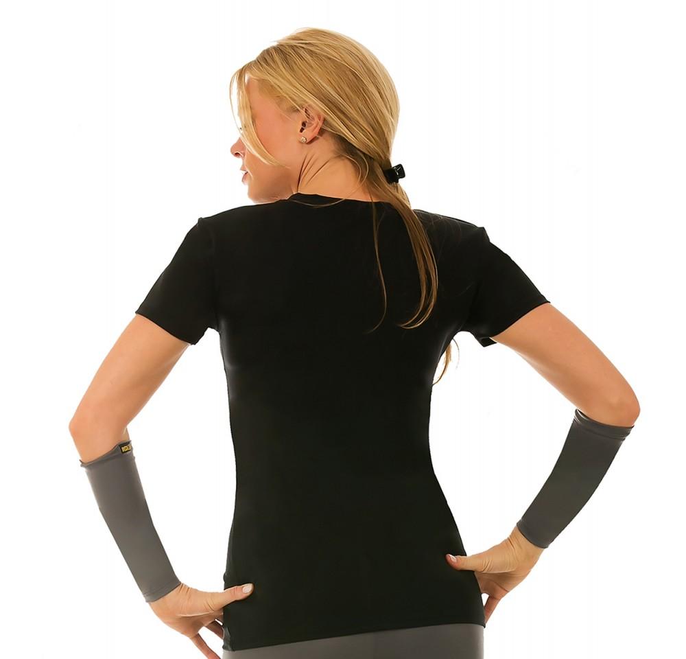 InstantFigure Activewear Compression Short Sleeve V-Neck Top in black, grey, and fuchsia, showcasing its stylish design and compression fabric.