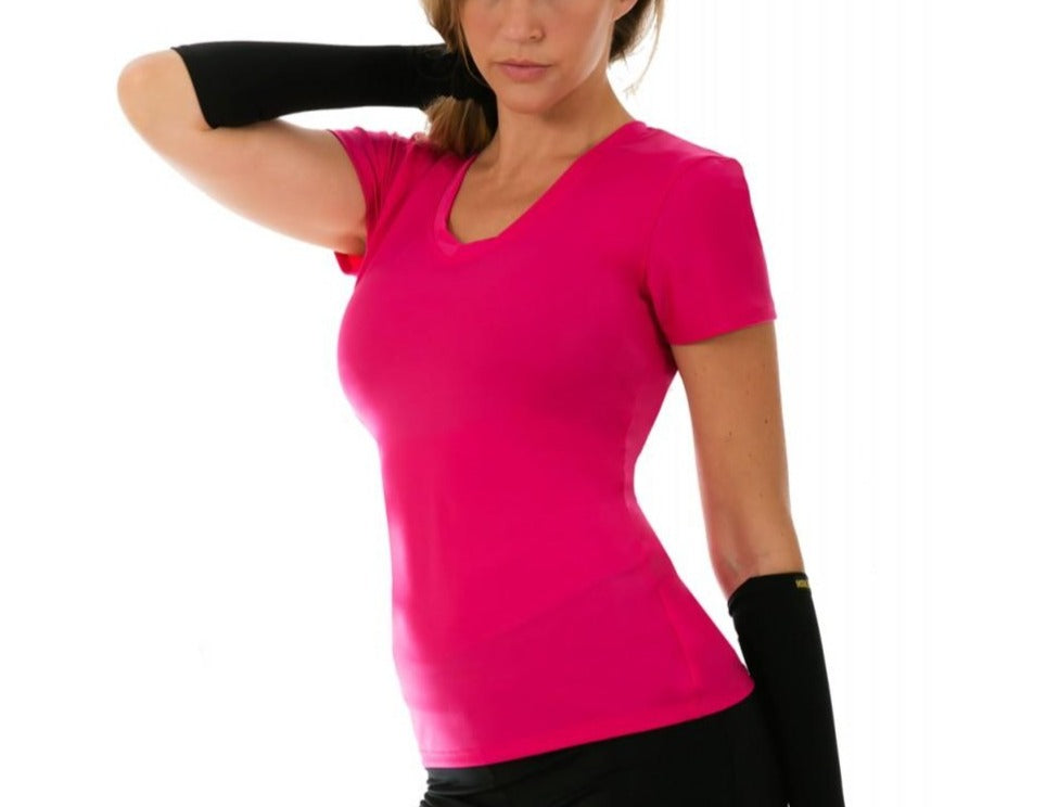 InstantFigure Activewear Compression Short Sleeve V-Neck Top in black, grey, and fuchsia, showcasing its stylish design and compression fabric.