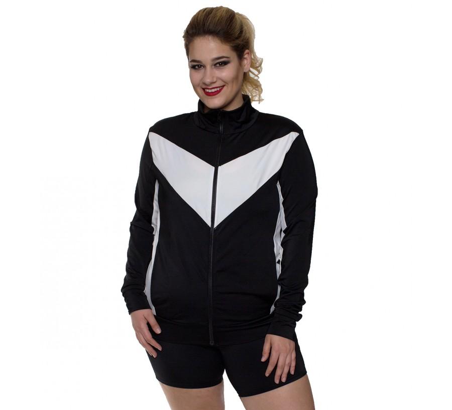 InstantFigure Curvy Plus Size Activewear Compression Jacket in color block design, featuring black and fuchsia pink options, perfect for workouts.