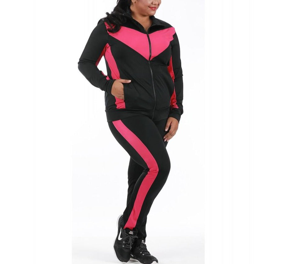 InstantFigure Curvy Plus Size Activewear Compression Block Pant in black and fuchsia with color block design, showcasing modern boot cut style.