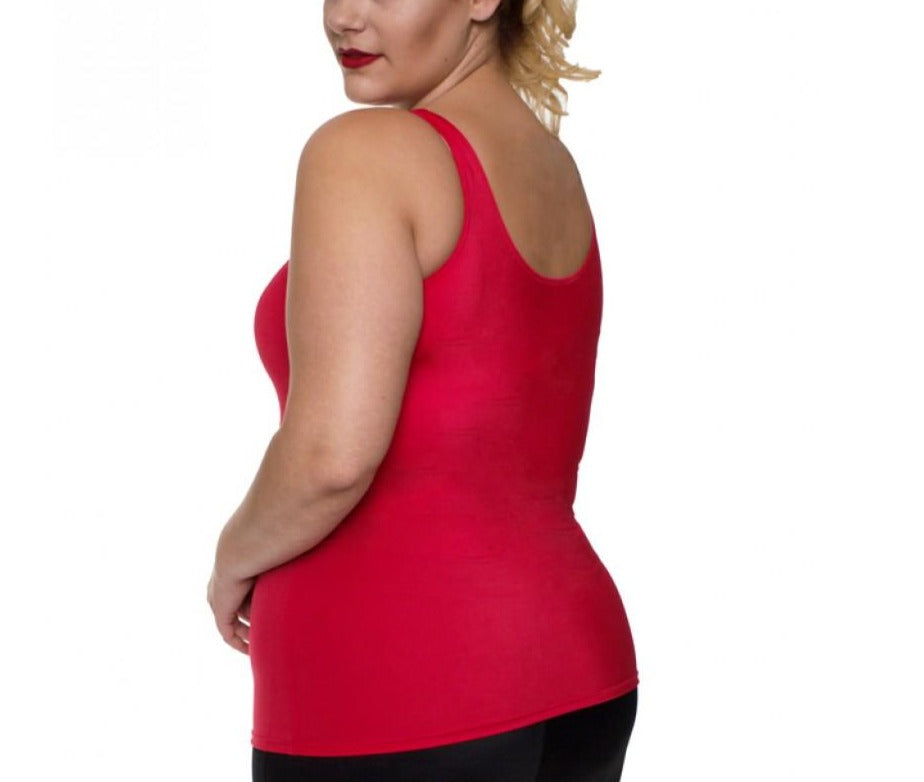 InstantFigure Curvy Plus Size Activewear Scoop Neck Tank Top in red, showcasing its flattering scoop neckline and supportive design.