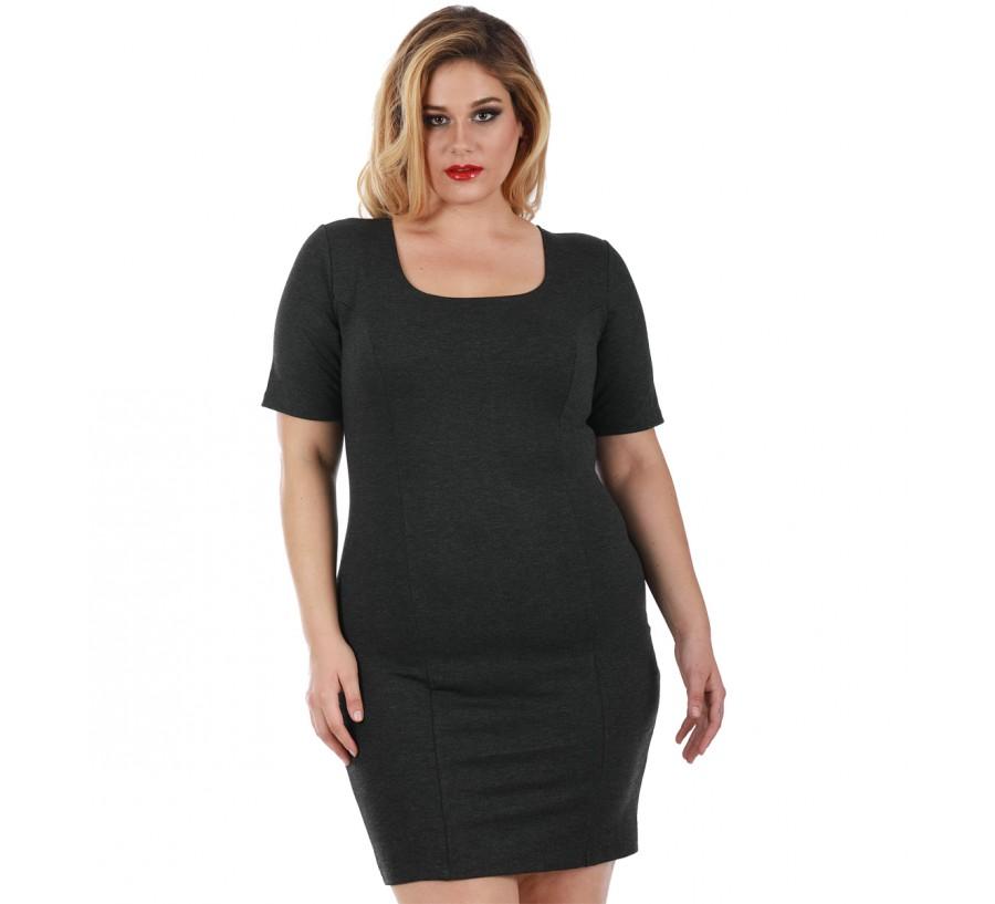 InstantFigure Curvy Plus Size Short Dress featuring a squared neckline and short sleeves, designed for comfort and style in sizes 3XL-5XL.