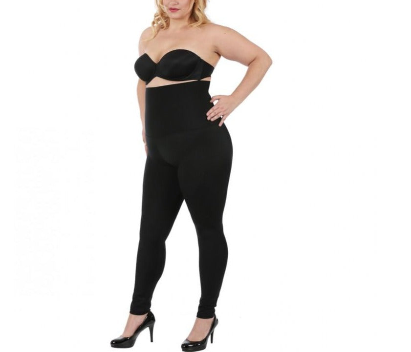 InstantFigure Plus Size Hi-Waist Compression Leggings in black, showcasing high-waist design and elastic-free waistband for comfort.