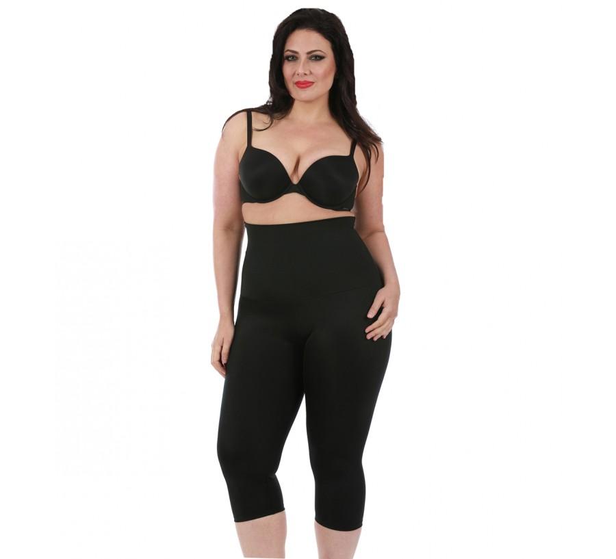 InstantFigure Plus Size Hi-Waist Double Control Capri Leggings in black, showcasing a seamless design and high waist for tummy control.