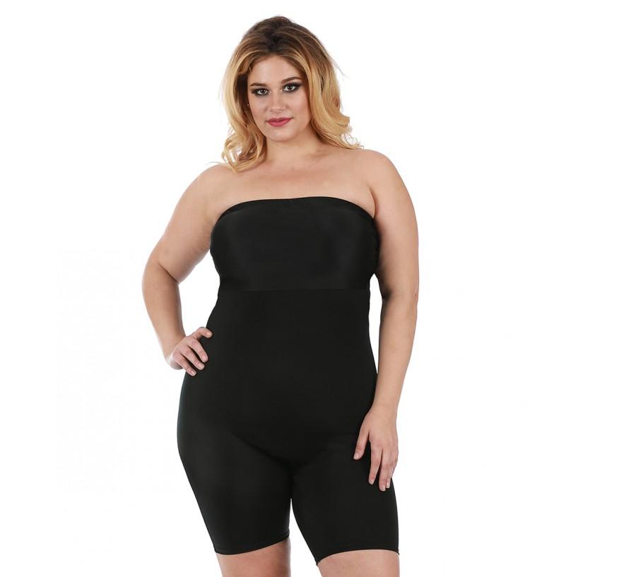 InstantFigure Plus Size Strapless Bandeau Bodyshorts in black, showcasing the soft fabric and open gusset design for comfort and style.