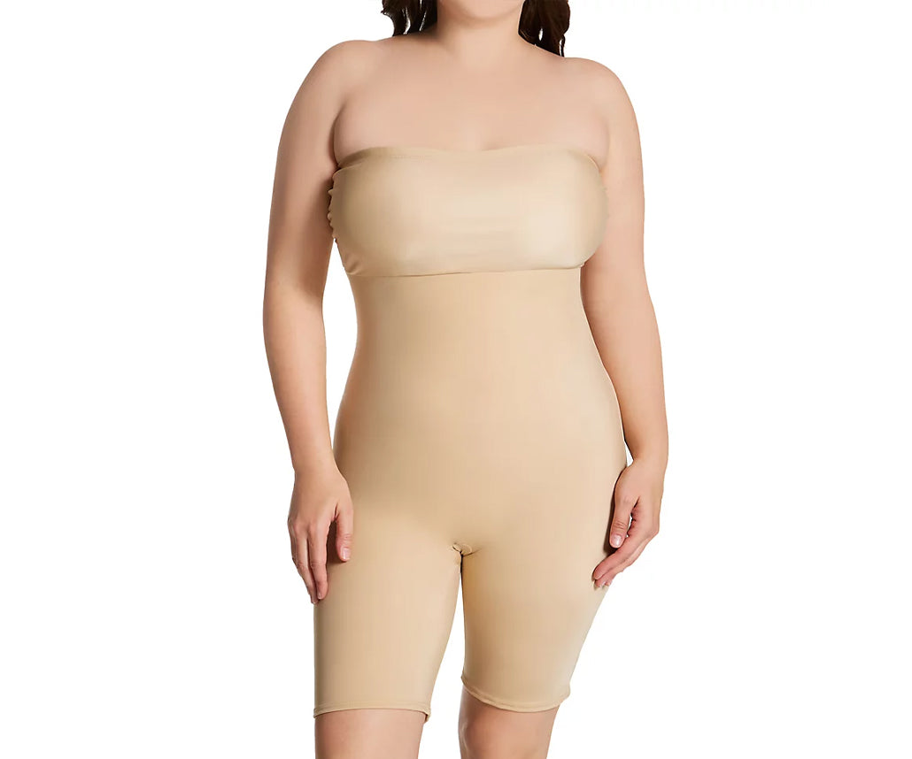 InstantFigure Plus Size Strapless Bandeau Bodyshorts in black, showcasing the soft fabric and open gusset design for comfort and style.