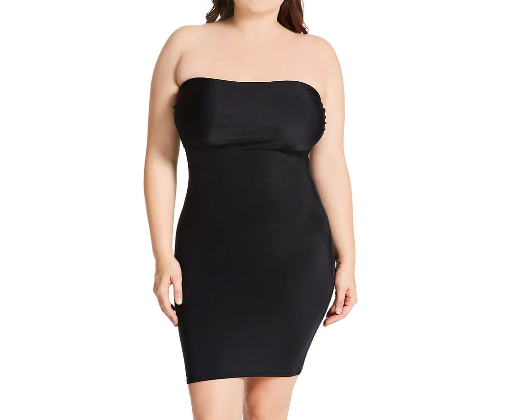 InstantFigure Strapless Slimming Plus Size Dress in black, showcasing its elegant design and comfortable fit, perfect for special occasions.