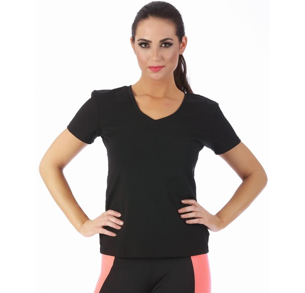 InstantFigure V-neck top with short sleeves in a stylish design, showcasing its medium compression fit and soft cotton blend fabric.