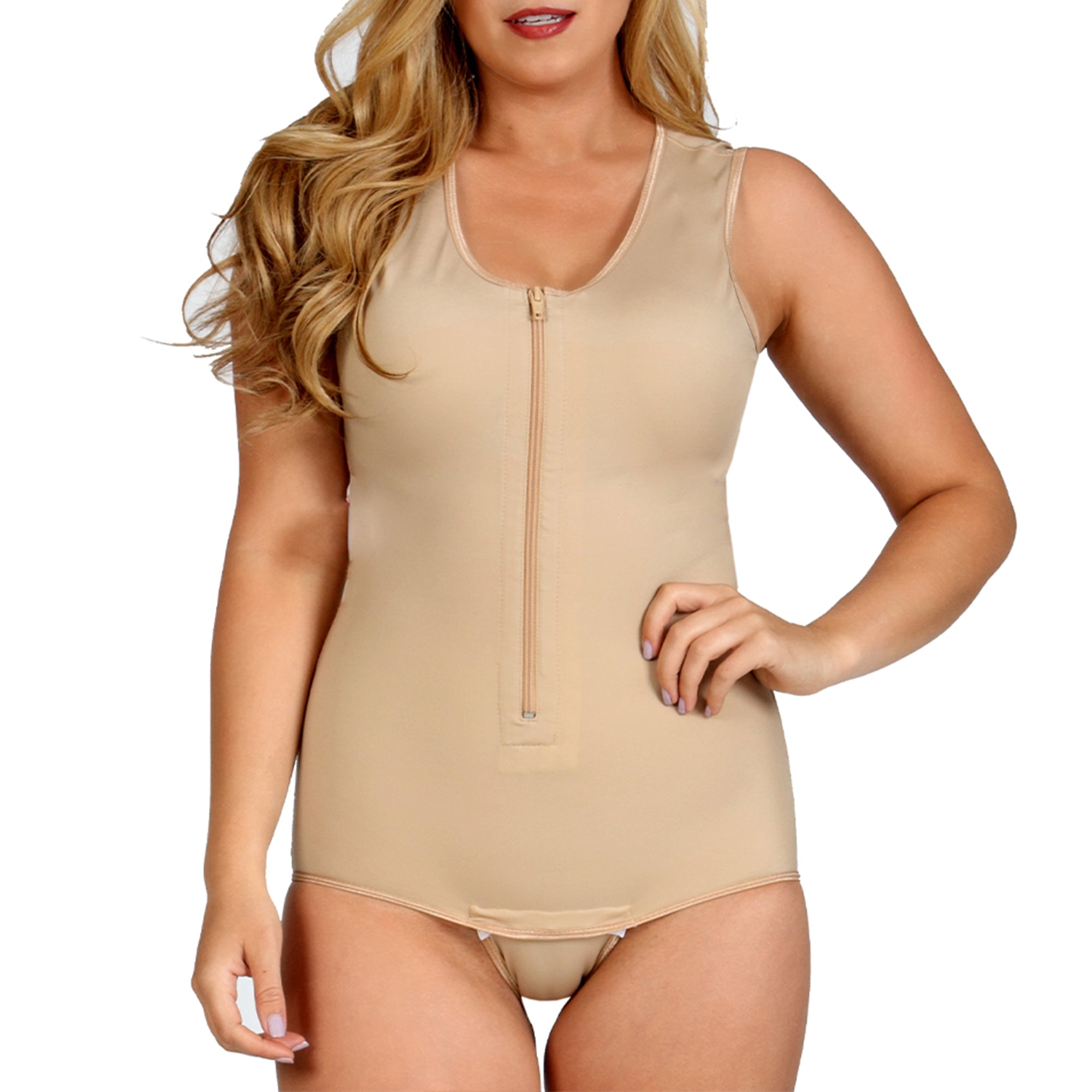 InstantRecoveryMD Compression Shapewear Tank Bodysuit MD210 featuring front zip and velcro crotch flap for post-op recovery support.