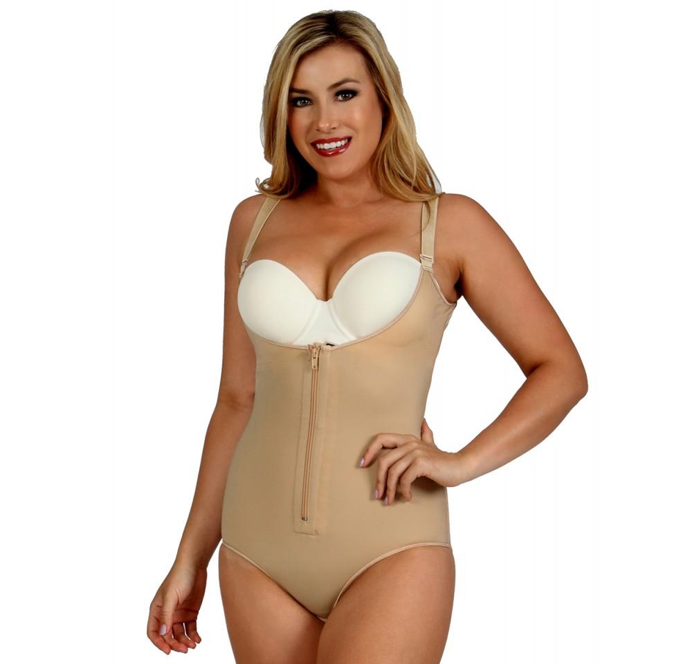 InstantRecoveryMD Underbust Brief Bodysuit with Zip MD200, featuring adjustable straps and front zipper for post-surgery support.