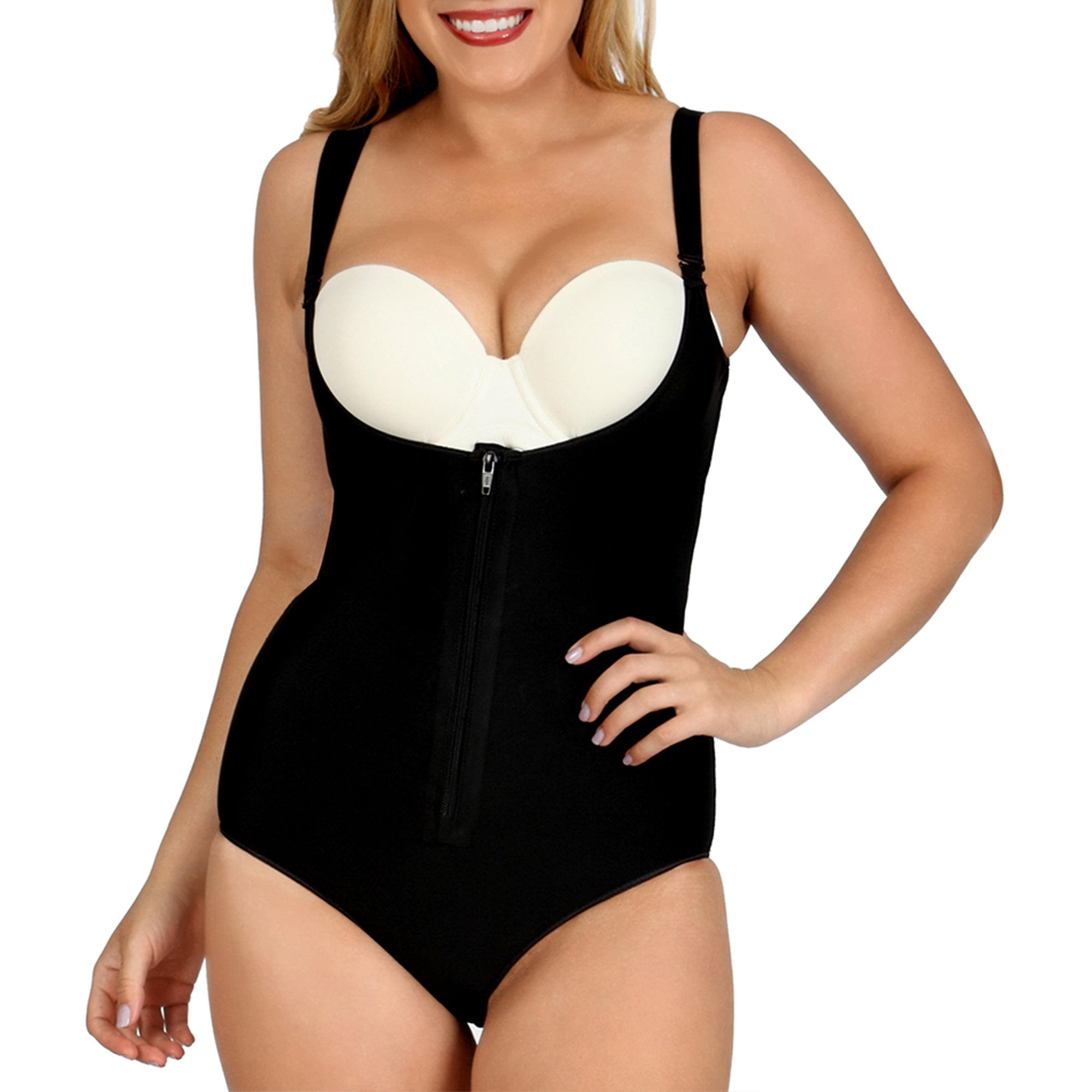 InstantRecoveryMD Underbust Brief Bodysuit with Zip MD200, featuring adjustable straps and front zipper for post-surgery support.