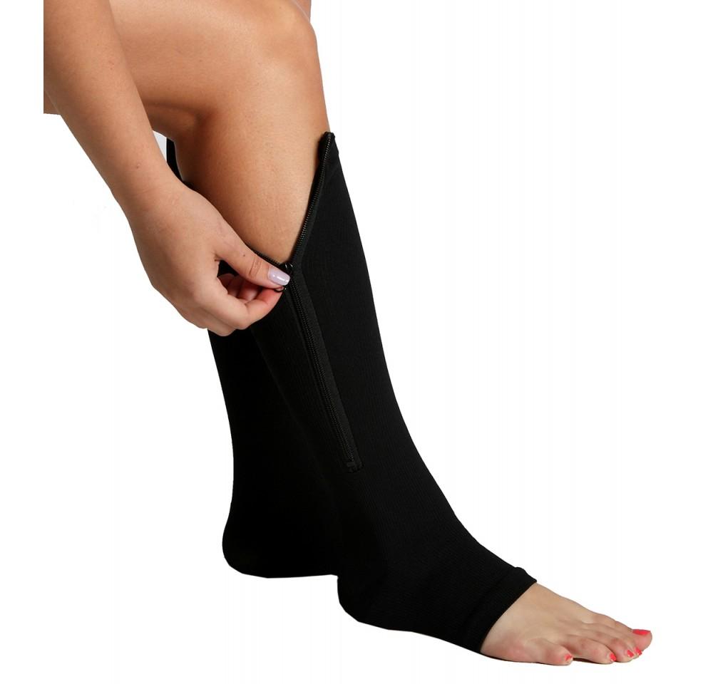 InstantRecoveryMD Unisex Compression Knee High Open Toe Socks MD402 featuring a side zipper and open toe design for enhanced comfort and support.