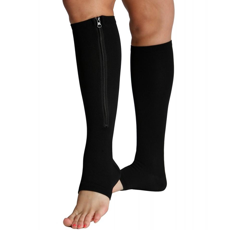 InstantRecoveryMD Unisex Compression Knee High Open Toe Socks MD402 featuring a side zipper and open toe design for enhanced comfort and support.