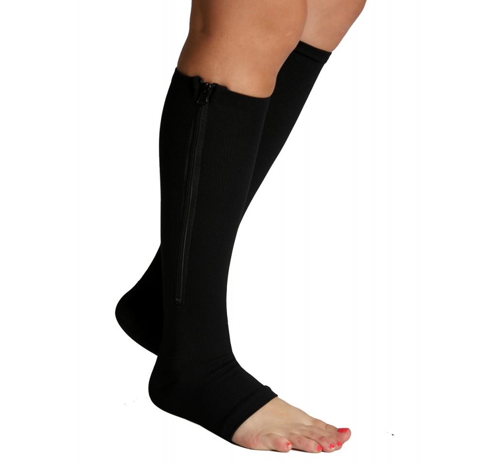 InstantRecoveryMD Unisex Compression Knee High Open Toe Socks MD402 featuring a side zipper and open toe design for enhanced comfort and support.