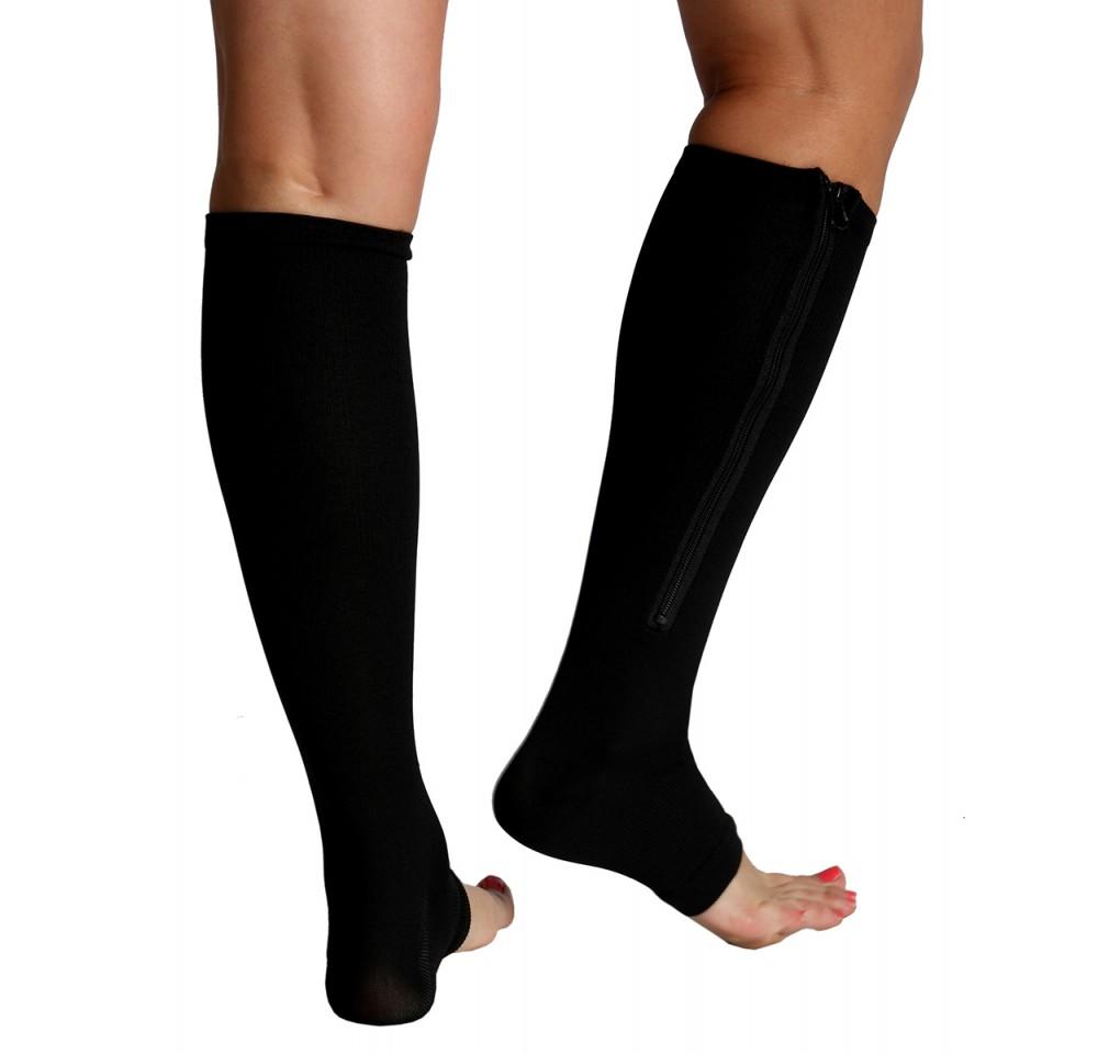 InstantRecoveryMD Unisex Compression Knee High Open Toe Socks MD402 featuring a side zipper and open toe design for enhanced comfort and support.