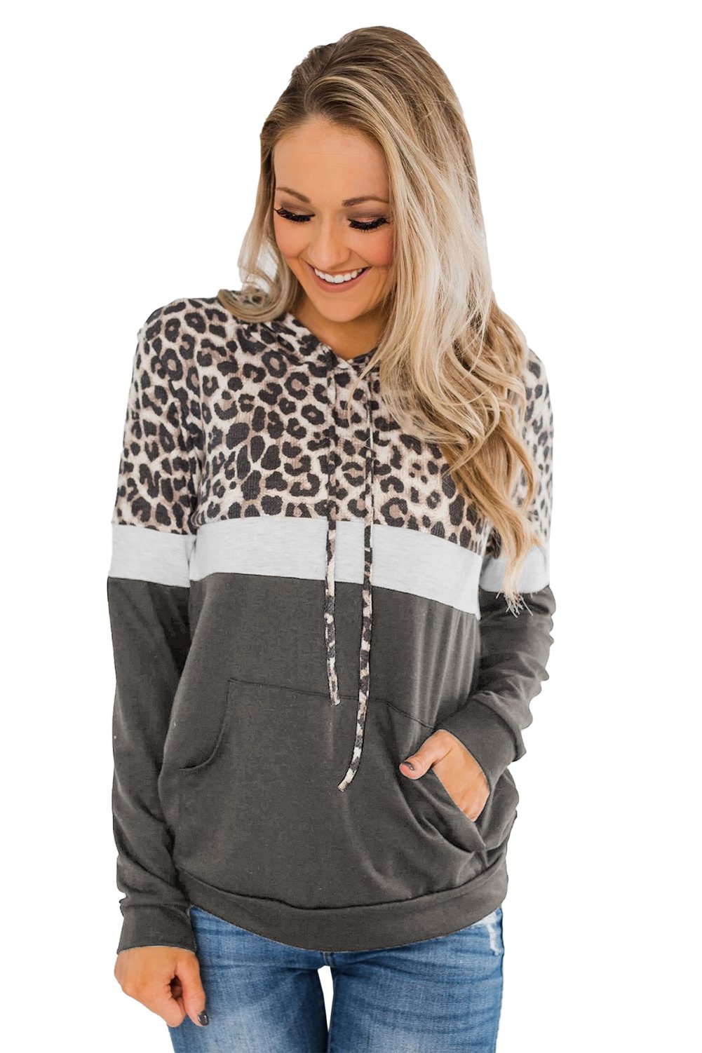 Into the Jungle Color Block Hoodie featuring a leopard design, lightweight fabric, and drawstring hood.