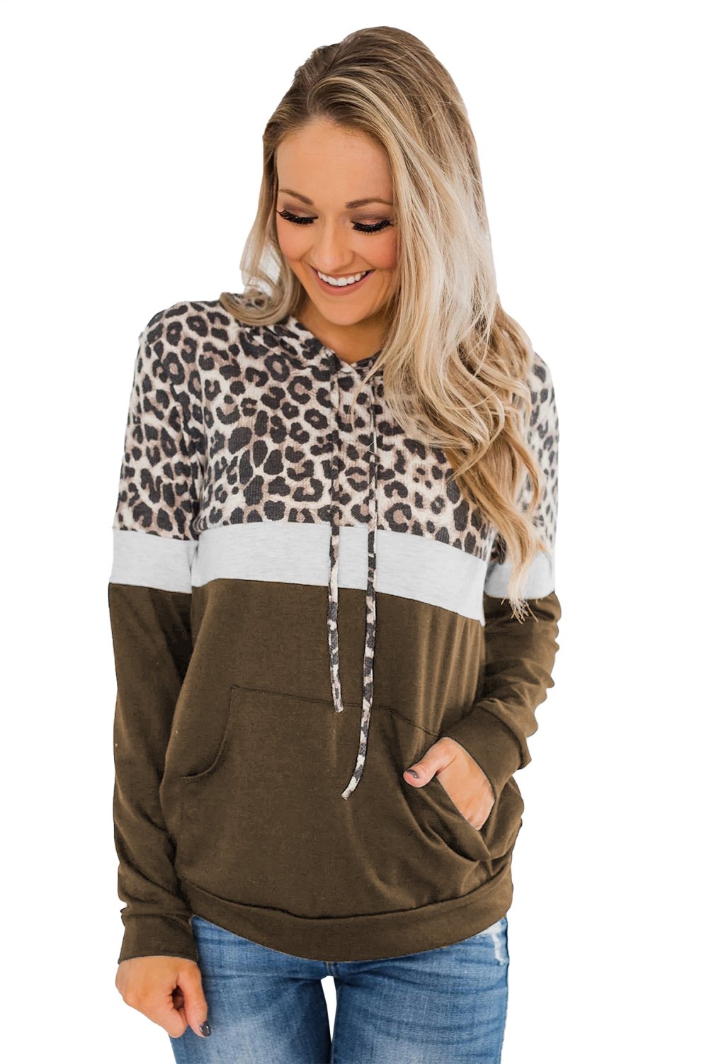 Into the Jungle Color Block Hoodie featuring a leopard design, lightweight fabric, and drawstring hood.
