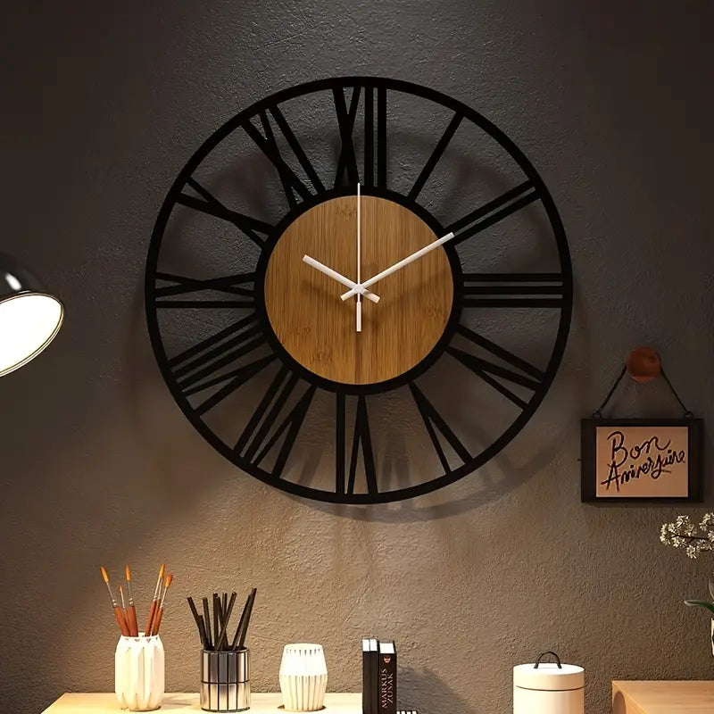Elegant Iron Wood Roman Wall Clock with intricate design and Roman numerals, perfect for home decor.