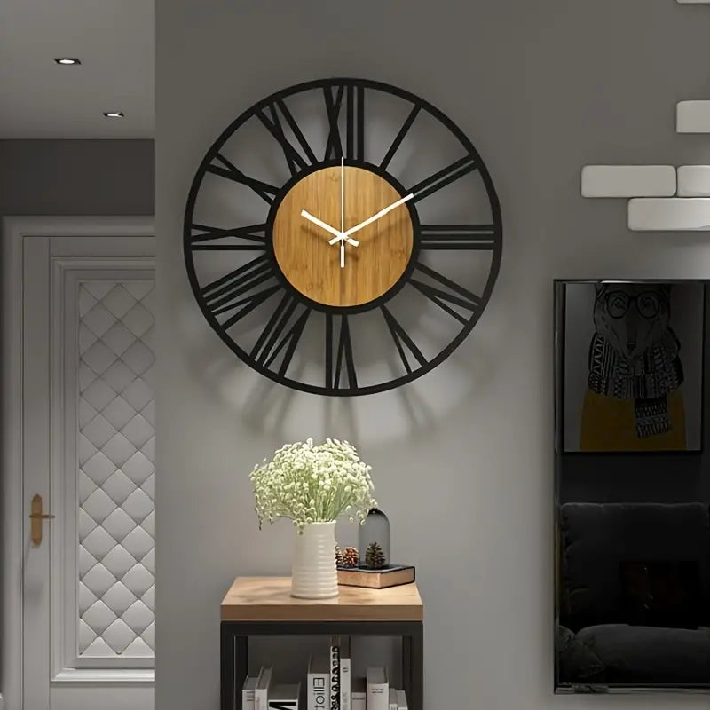 Elegant Iron Wood Roman Wall Clock with intricate design and Roman numerals, perfect for home decor.