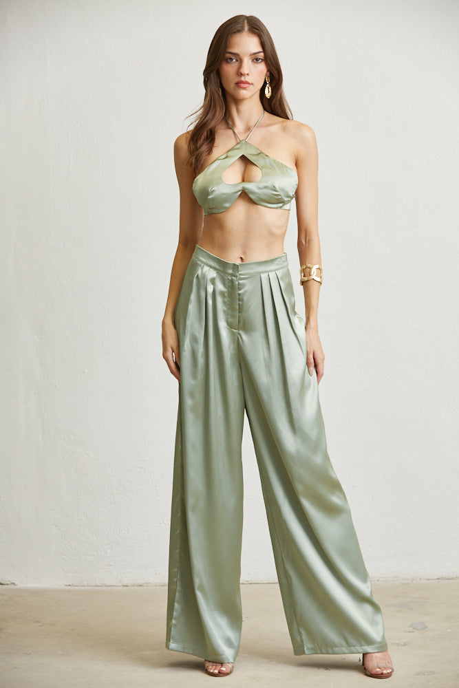 Ivy Luxe Satin Fabric Set featuring a halter neck top and high-waisted wide-leg pants in luxurious satin fabric.