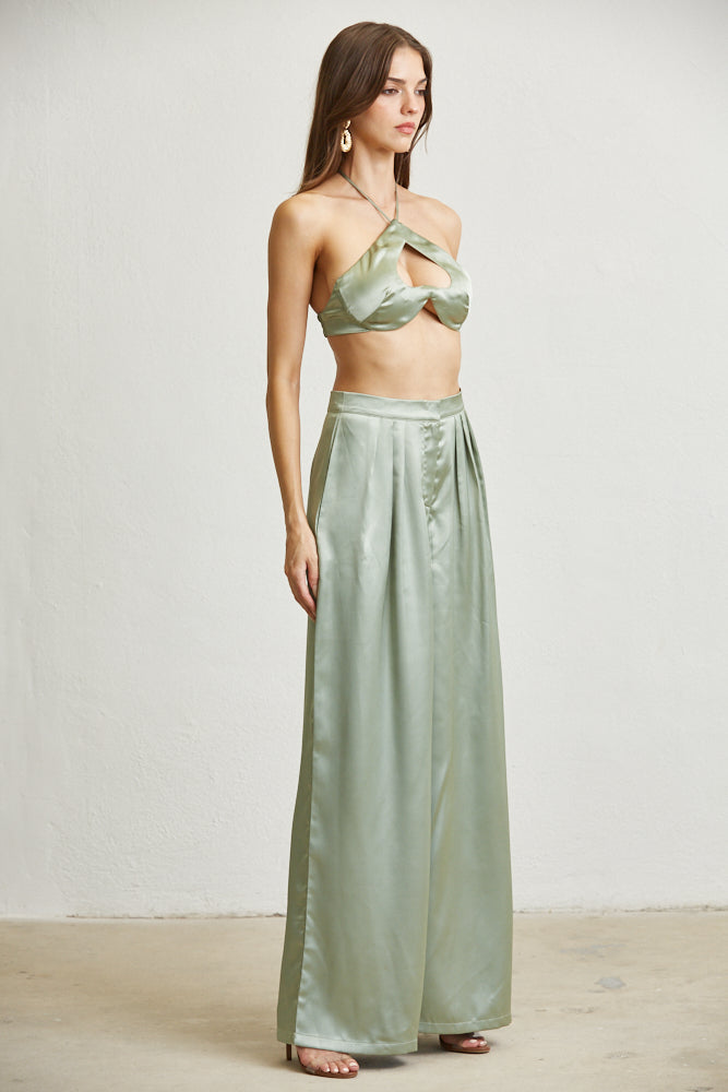 Ivy Luxe Satin Fabric Set featuring a halter neck top and high-waisted wide-leg pants in luxurious satin fabric.