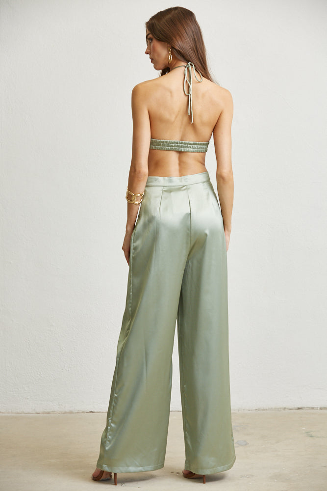 Ivy Luxe Satin Fabric Set featuring a halter neck top and high-waisted wide-leg pants in luxurious satin fabric.