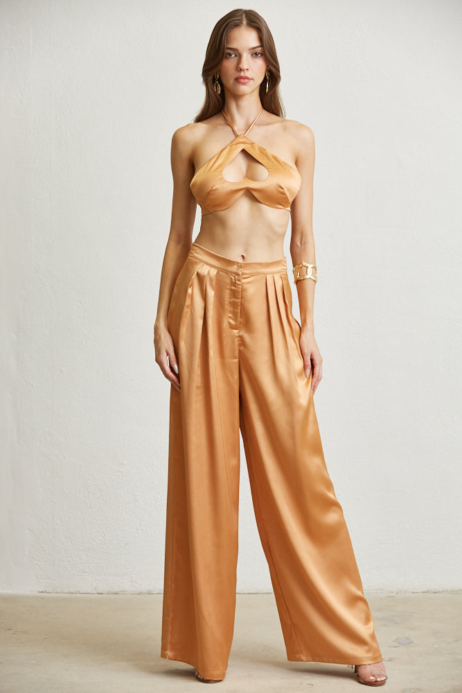 Ivy Luxe Satin Fabric Set featuring a halter neck top and high-waisted wide-leg pants in luxurious satin fabric.