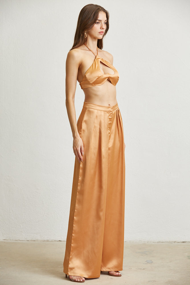 Ivy Luxe Satin Fabric Set featuring a halter neck top and high-waisted wide-leg pants in luxurious satin fabric.
