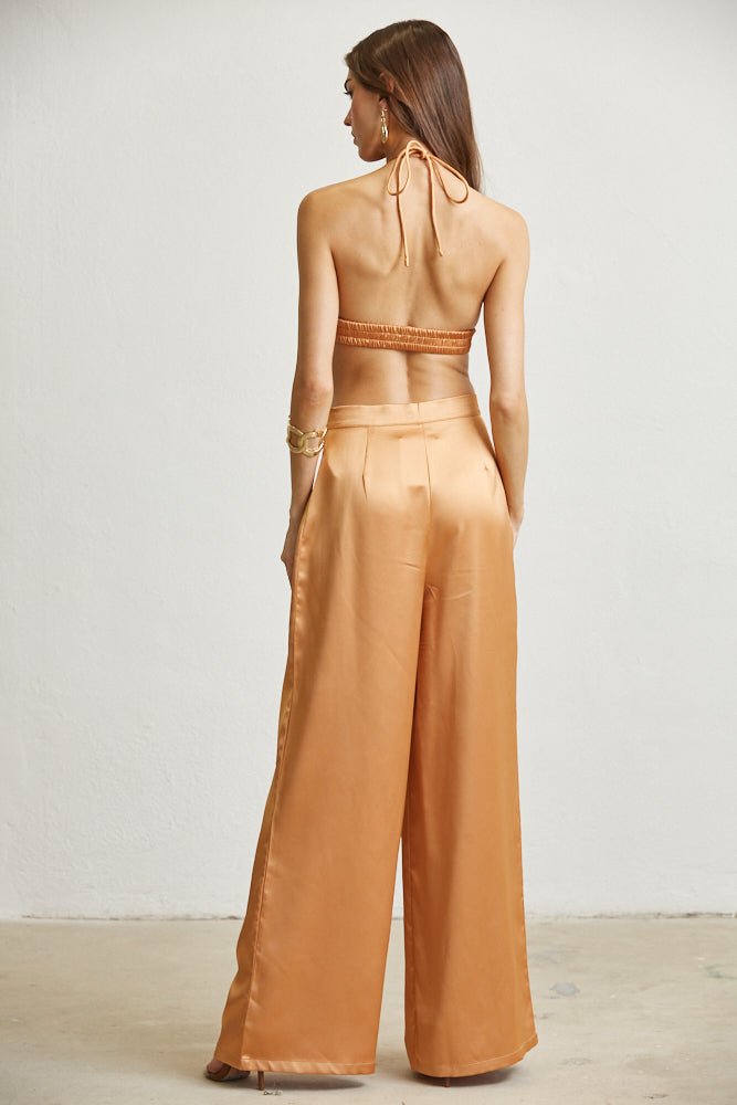 Ivy Luxe Satin Fabric Set featuring a halter neck top and high-waisted wide-leg pants in luxurious satin fabric.